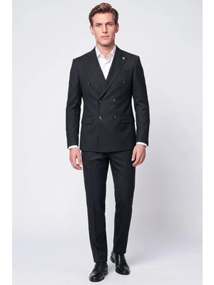 Efor Erkek Slim Fit Çift Yırtmaç Esnek Silik Çizgili Siyah Kruvaze Takım Elbise TK 946