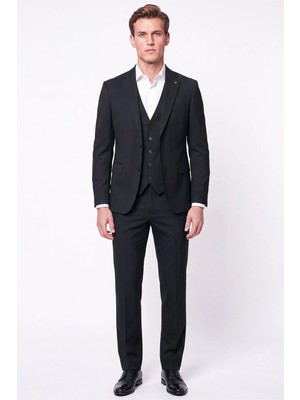 Efor Erkek Slim Fit Mono Yaka  Esnek Yünlü Yelekli Siyah Takım Elbise TK 950