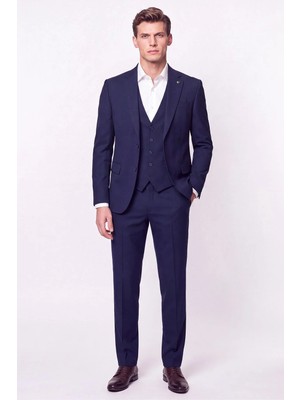 Efor Slim Fit Mono Yaka  Esnek Yünlü Yelekli Lacivert Takım Elbise Tk 950