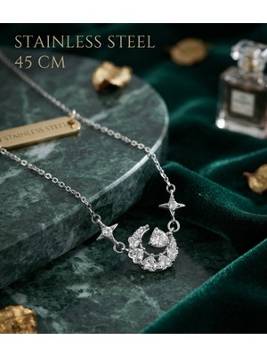 Stainless Steel 316L Çelik Zincir Gümüş Renk Zirkon Taşlı Hilal Kalp Model Kolye