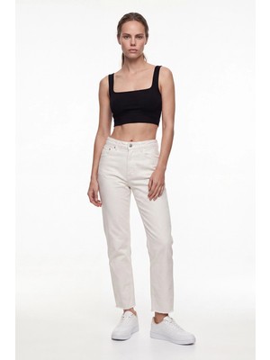 Cemo Kadın Yüksek Bel Mom Fit Kesik Paca Jean Pantolon