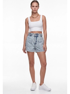 Cemo Kadın Yüksek Bel Beli Lastikli Denim Şort