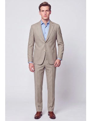 Efor Slim Fit Mono Yaka Çift Yırtmaç Koyu Bej Keten Takım Elbise Tk 952