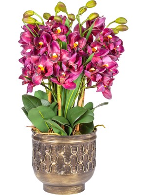 Herdekora Metal Saksıda Bordo Orkide Aranjmanı Bordo-Yeşil 35X70 Cm.