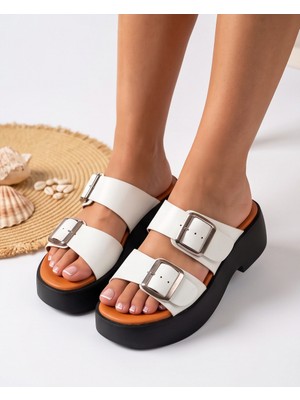 Futsi Shoes Colette Beyaz Hakiki Deri Çift Tokalı Dolgu Taban Kadın Terlik