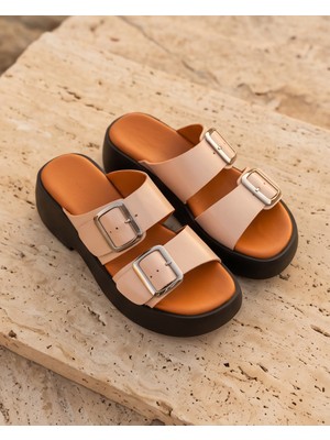 Futsi Shoes Colette Bej Hakiki Deri Çift Tokalı Dolgu Taban Kadın Terlik