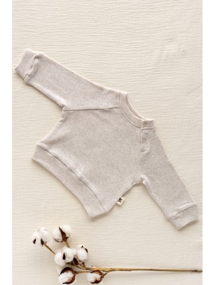 Mimu Baby %100 Pamuk Omuzdan Çıtçıtlı Bebek Melanj Waffle Sweat - Bej