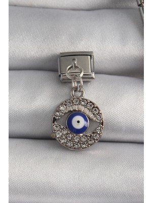 Marsilyan 316L Çelik Gümüş Renk Sallantı Zirkon Taşlı Göz Model Nazar Boncuk Detay Nomination Charm 5886