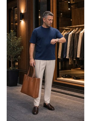 Modi Green Premium Oysho Regular Oversize Unisex Sıfır Yaka Kısa Kollu Esnek Tişört - Lacivert