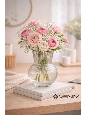 Veniv Dekoratif Cam Oval Vazo - Boy 17 cm En 12 cm Ağız 7 cm