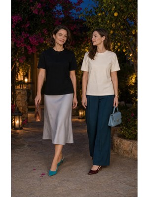 Modi Green Premium Oysho 2'li Unisex Regular Oversize Sıfır Yaka Kısa Kollu Tişört - Siyah - Ekru