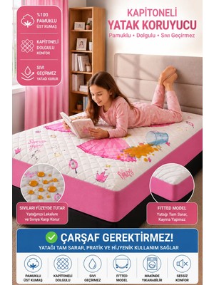 Mislina Home Pamuklu Kapitoneli Prenses Desenli Sıvı Su Geçirmez Fitted Yatak Koruyucu Alez Çarşaf Gerektirmez Tek Kişilik 90x190cm