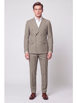 Efor Slim Fit %96 Yünlü Çift Yırtmaç Çizgili Bej Kruvaze Takım Elbise Tk 954
