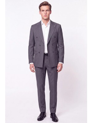 Efor Slim Fit %96 Yünlü Çift Yırtmaç Çizgili Gri Kruvaze Takım Elbise Tk 954