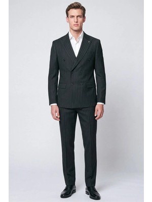 Efor Slim Fit %96 Yünlü Çift Yırtmaç Çizgili Siyah Kruvaze Takım Elbise Tk 954