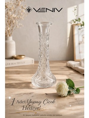 Veniv 25 cm Kristal Karanfil Dekoratif Cam Vazo- 1 Adet Yapay Çiçek Hediyeli