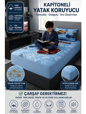 Mislina Home Pamuklu Kapitoneli Araba Desenli Sıvı Su Geçirmez Fitted Yatak Koruyucu Alez Çarşaf Gerektirmez Tek Kişilik 90x190cm