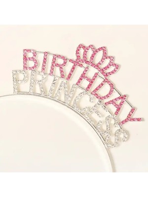 Uravas Store Mey Ithalat® Kristal Taşlı Pembe Birthday Princess Yazılı Parti Tacı 19X11 cm