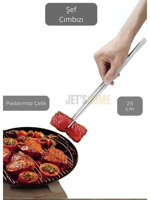 Jet's Home Düz Uçlu Şef Cımbızı Paslanmaz Dekor Cımbızı Çelik Mutfak Cımbızı Maşa 25 cm