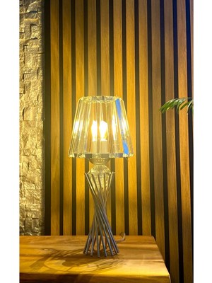 Mikasso Modern Dekoratif Krom Metal Ayaklı Burgu Model Kristal Taşlı Şapkalı Abajur Masa Lambası Metal Gri