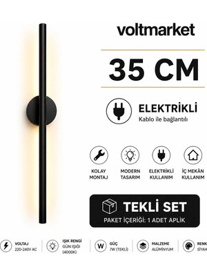 Mikasso Voltmarket 35 cm Elektrikli LED Aplik Minimalist Dekoratif Duvar Lambası Alüminyum Siyah