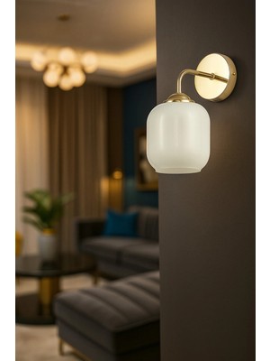 Mikasso Siena Aplik Beyaz Camlı Salon Oturma Odası Modern (Gold Kaplama) Metal Sarı