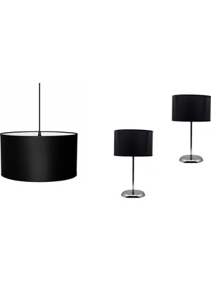 Mikasso 3 Lü Set Avize ve Komodin Üstü Abajur Metal Siyah