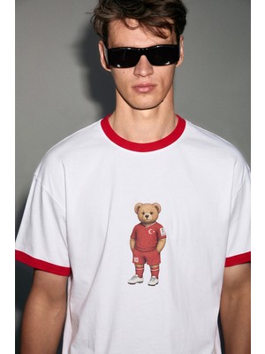 Grimelange Ulgen Erkek %100 Organik Pamuklu Kontrast Yakalı Dünya Kupasına Özel Baskılı Beyaz T-Shirt