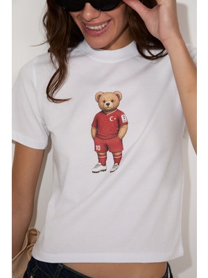 Grimelange Umayana Kadın Yumuşak ve %100 Organik Pamuklu Dünya Kupasına Özel Baskılı Beyaz T-Shirt
