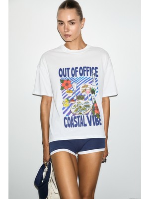 Grimelange Wuna Kadın Yumuşak Kumaşlı %100 Organik Pamuklu Baskı Detaylı Beyaz T-Shirt