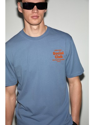 Grimelange Jumılla Erkek %100 Pamuk Yumuşak Kumaşlı Baskılı Yuvarlak Yaka Indigo T-Shirt