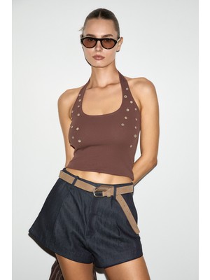 Grimelange Perlas Kadın Yumuşak ve Esnek Kumaşlı Düğme Detaylı Slim Fit Kahverengi Bluz