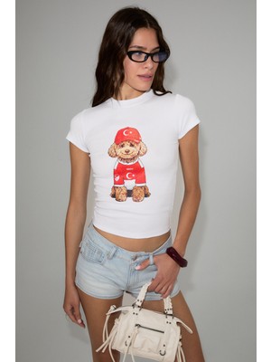 Grimelange Salma Kadın Yumuşak %100 Organik Pamuklu Dünya Kupasına Özel Baskılı Beyaz T-Shirt