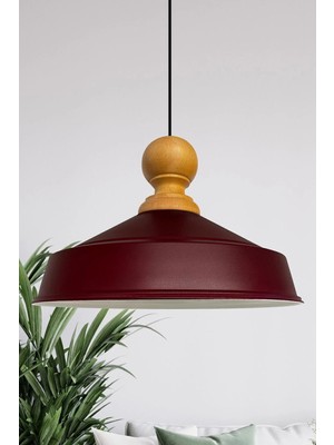 Mikasso Asaletli Tekli Avize Ahşap Başlık Retro Sarkıt Lamba Restoran Salon Aydınlatma Metal 1 E27 Bordo Sal