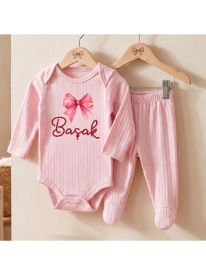 Egg Baby Isimli Kişiye Özel Yenidoğan Hastane Çıkışı 2 Li Bebek Takım %100 Pamuk Zıbın ve Pantalon Kız Bebek