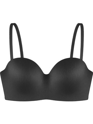 Cottonhill Seamless Bra - Maris | Siyah Micro Balenli Parlak Straplez Kadın Sütyen