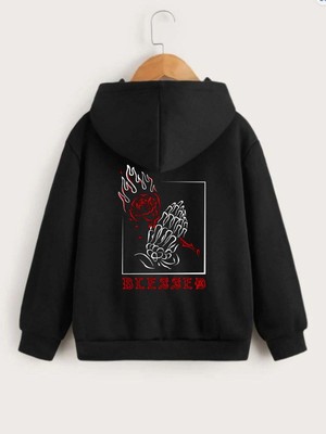 Mbb E-Ticaret Çocuk Unisex Kapüşonlu Ön ve Arka Blessed Baskılı Sweatshirt - Siyah