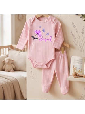 Egg Baby Isimli Kişiye Özel Yenidoğan Hastane Çıkışı 2 Li Bebek Takım %100 Pamuk Zıbın ve Pantalon Kız Bebek