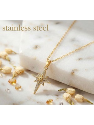 Stainless Steel 18K Altın Kaplama Gold Renk Yapay Elmas Malzemeli Titanyum Çelik Kutup Yıldızı Kolye