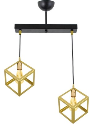 Mikasso Rustik Retro Model Geometrik Sarkıt Metal Küp Avize Metal 2 E27 Altın Salon / Oturma Odası
