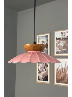 Mikasso Risso Pembe Ahşap Tabak Tekli Metal Avize Cafe Mutfak Modern Dekoratif Sarkıt Aydınlatma Metal 1 E27