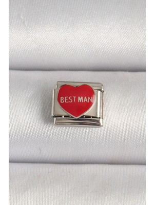 Marsilyan 316L Çelik Gümüş Renk 'best Man' Yazılı Kırmızı Kalp Işlemeli Nomination Charm 5886