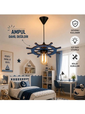 Mikasso Ahşap Doğal Dümen Avize Ahşap 1 E27 Mavi Bebek / Çocuk Odası