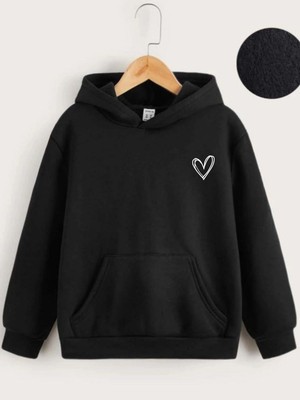 Mbb E-Ticaret Çocuk Unisex Kapüşonlu Çizgi Kalp Baskılı Sweatshirt - Siyah