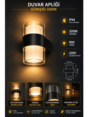 Mikasso 10 Watt LED Duvar Apliği - Günışığı Plastik Siyah