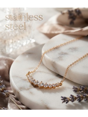 Stainless Steel 316L Çelik Zincir Gold Renk Sıra Taşlı Kolye