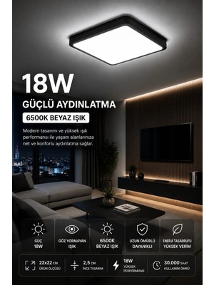 Mikasso 18W LED Panel Avize Kare Siyah 6500K Beyaz Işık Tavana Sıfır Modern Salon Ofis Antre Aydınlatma 22X2