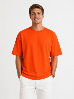 Vasto Moda Erkek Oversize Kalın Dokulu %100 Organik Pamuk Bisiklet Ribana Yakalı Turuncu T-Shirt