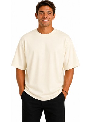 Vasto Moda Erkek Oversize Kalın Dokulu %100 Organik Pamuk Bisiklet Ribana Yakalı Ekru T-Shirt
