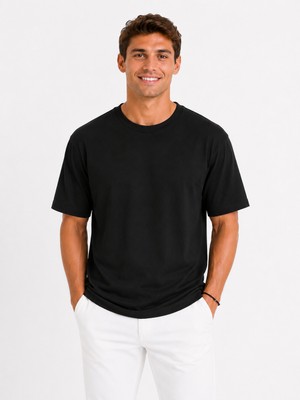 Vasto Moda Erkek Oversize Kalın Dokulu %100 Organik Pamuk Bisiklet Ribana Yakalı Siyah T-Shirt